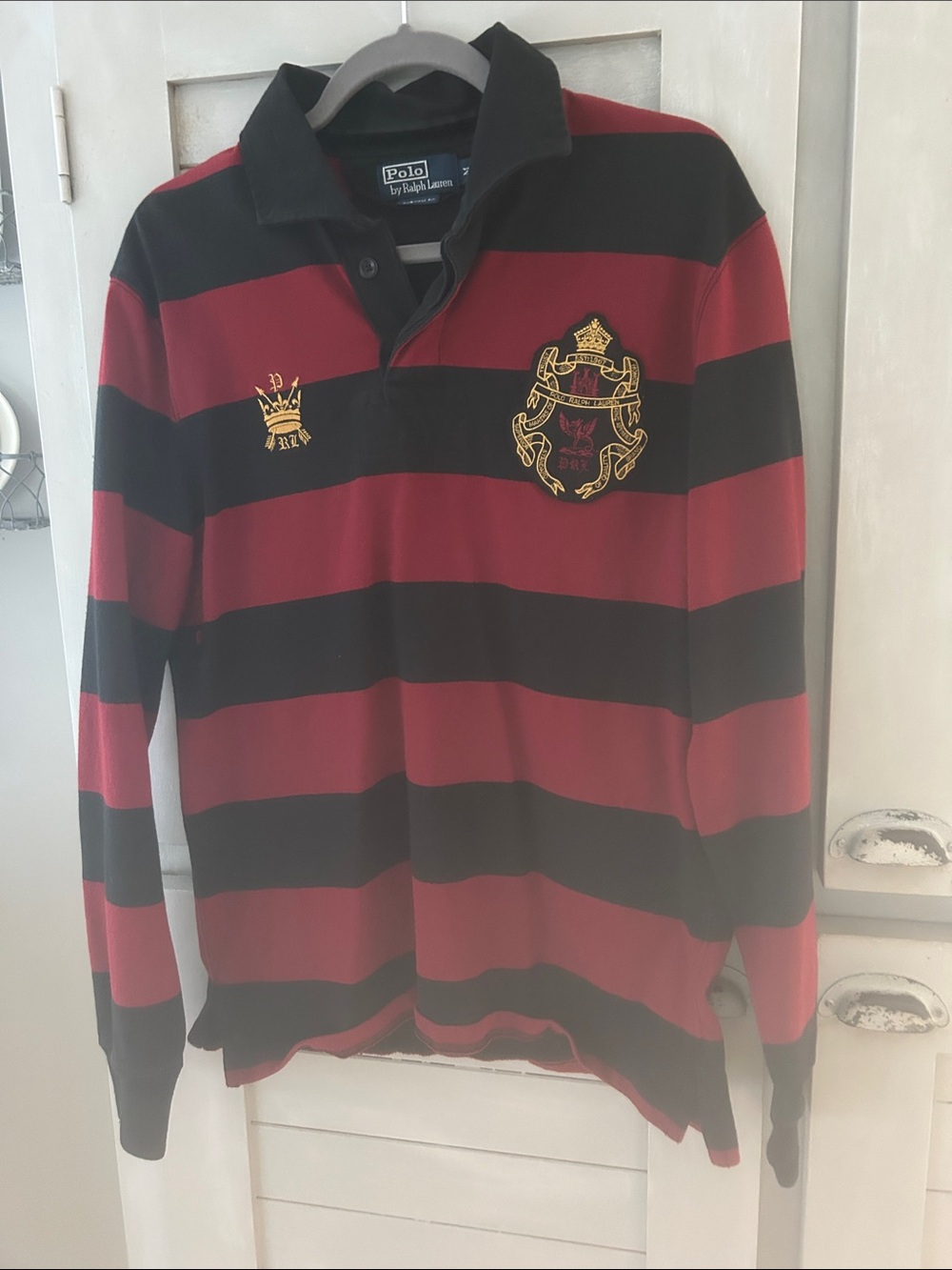 Polo by Ralph Lauren Red and Black Striped V‑Neck Rugby Sweater